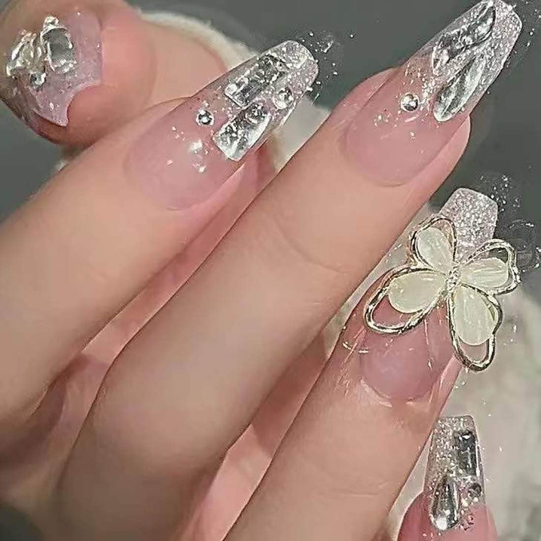 Cubahop 24pcs French Medium Crystal Fake Nails Nude Glossy Butterfly Flash Powder False Nails Rhinestone Love Press on Nails for Women and Girls (Nude 1)