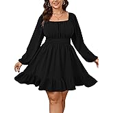 SHESTARR Womens Plus Size Dress Long Lantern Sleeve Square Neck Elastic Waist A-Line Mini Short Dress