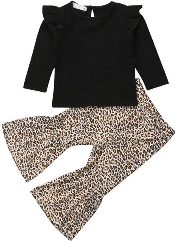 Baby Girls Lace Off Shoulder Crop Tube Top+High Waist Long Leopard Pants Bell Bottom Leggings Set