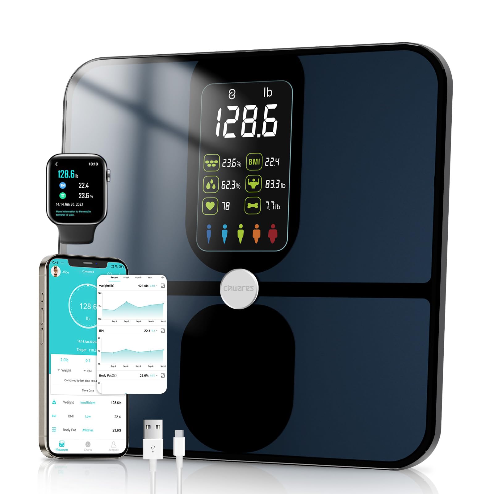CHWARES Scale for Body Weight, Scale with BMI Body Fat Muscle Mass Rechargeable Large Display Smart Digital Bathroom with 15 Metrics Composition Analyzer for Heart Rate 400lbs, Black