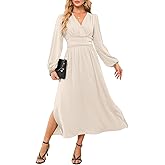 Dokotoo Womens Wrap V-Neck Empire Waist Dress Lantern Sleeve Ruched Side Slit Elegant Maxi Dress