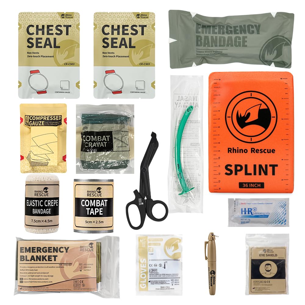 RHINO RESCUE Tactical Trauma Kit Emergency First Aid Stop The Bleed IFAK Refill Supplies Combat Wound Care Dressing Pack (17 Piece Set)