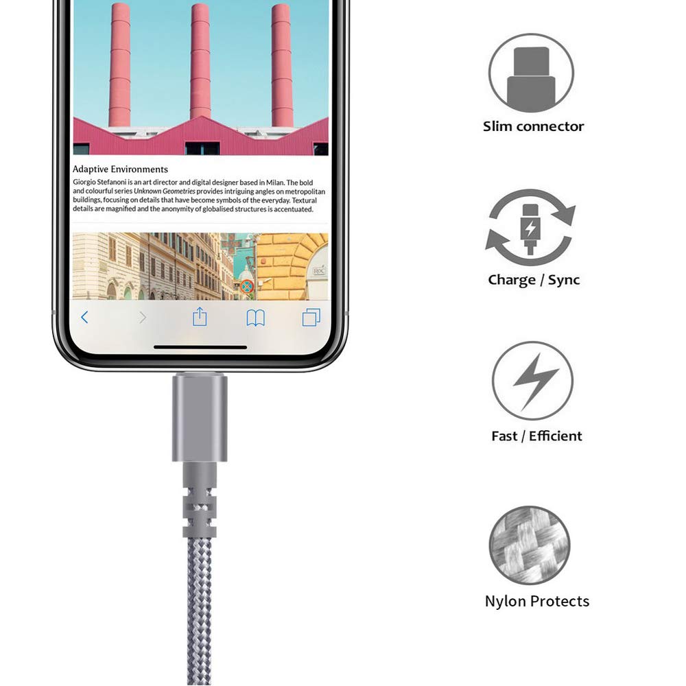 Niusute Phone Cable 3 Pack 6 ft Extra Long Nylon Braided Charging Charger Cord USB Cable,Grey