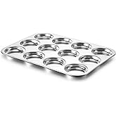 P&P CHEF 12 Cavity Muffin Top Pan (1 Piece), Stainless Steel Shallow Muffin Pan Tin for Whoopie Pie, Yorkshire Pudding, Egg Bites, Cupcake, Easy Clean & Oven Safe, Silver