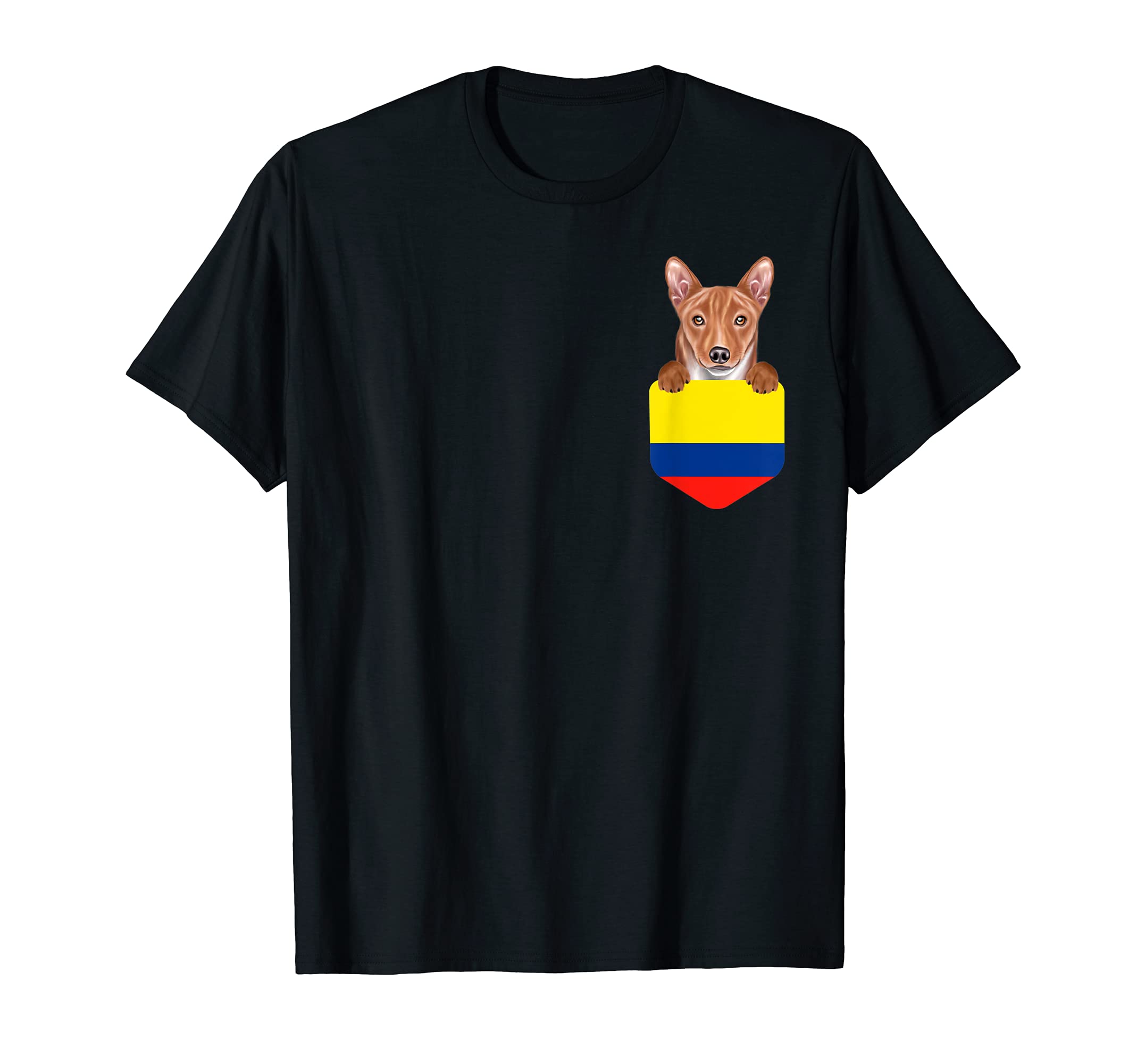 Colombia Flag Basenji Dog In Pocket T-Shirt