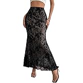 GORGLITTER Women's Mesh Gothic Pencil Maxi Skirts Fall Trendy Y2K Goth Festival Rave Floral Velvet Fishtail Long Skirts