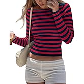 BAIGRAM Women Y2K Boat Neck Striped Crop Sweater Long Sleeve Slim Fit Knit T-Shirt Top Aesthetic Preppy Pullover Fall Outfits