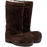 Trelako Platform Snow Boots for Women Suede Classic Fur Hippy Mid Calf Winter Boots Slip On High Boots Comfortable Chunky Trending Shoes Biege