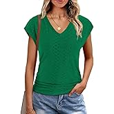 BKRIVE Eyelet Womens Tops Cap Sleeve V Neck T Shirts for Women Summer Shirts