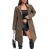 Gudasuo Leather Jacket Women Trench Coat Long Loose Button Lined Jacket Open Front Faux Motorcycle Coat with Belt