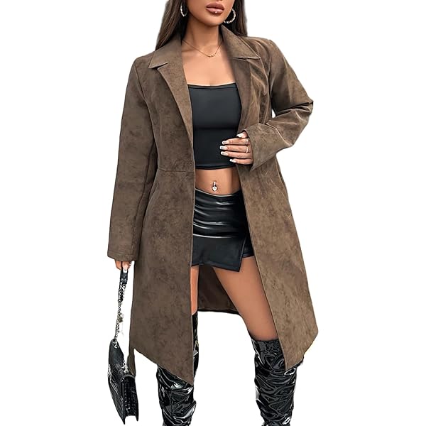 Women Faux Suede Long Coats Sherpa Lined Winter Notched Lapel