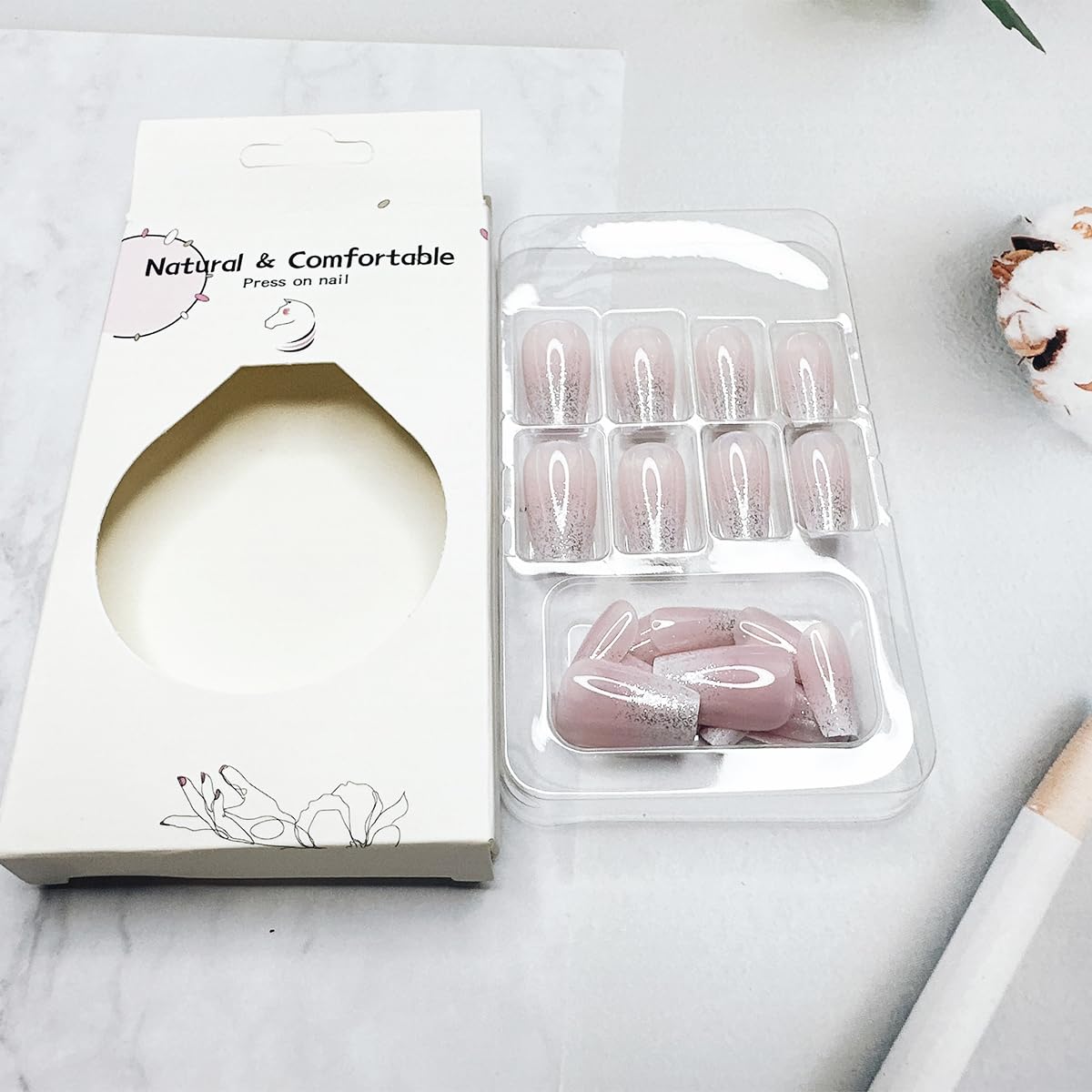 24pcs French Tip Press on Nails Short Square Pink Fake Nails with Glitter Design Glue on Nails Gradient False Nails Supplies Full Cover Glossy Acrylic Nails for Women Girl - Image 7