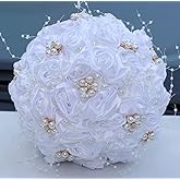 5.9" Mini Bridal Bouquet Handmade Satin Rose Round Wedding Bouquet Throw Toss Artificial Flower Bunch White