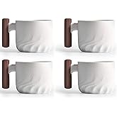 Scizorito 2.5oz Ceramic Espresso Cups with Wooden Handle, Chinese KungFu Tea Cup, Coffee Cups Set of 4 (White)