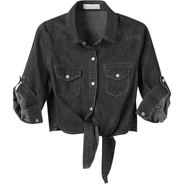 AMEBELLE Women's Roll Up 3/4 Sleeve Tie Front Knot Shirt Chambray