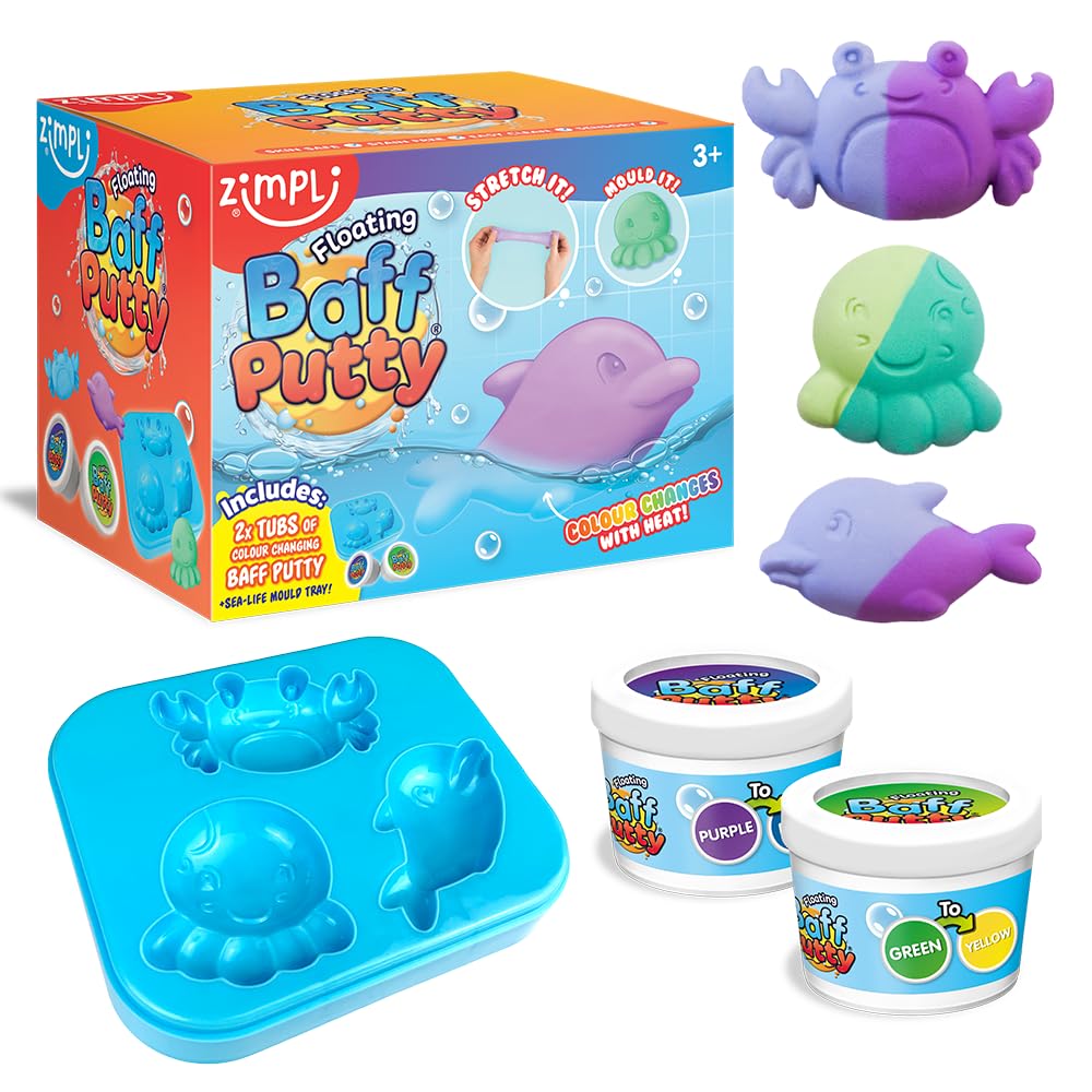 ZIMPLI - Floating Baff Putty, 2 x Colour Changing Bath Putty Tubs, Moulding Tray, Stretch it, Mould it, Watch it Change Colour, Kids Modelling Bath Toy