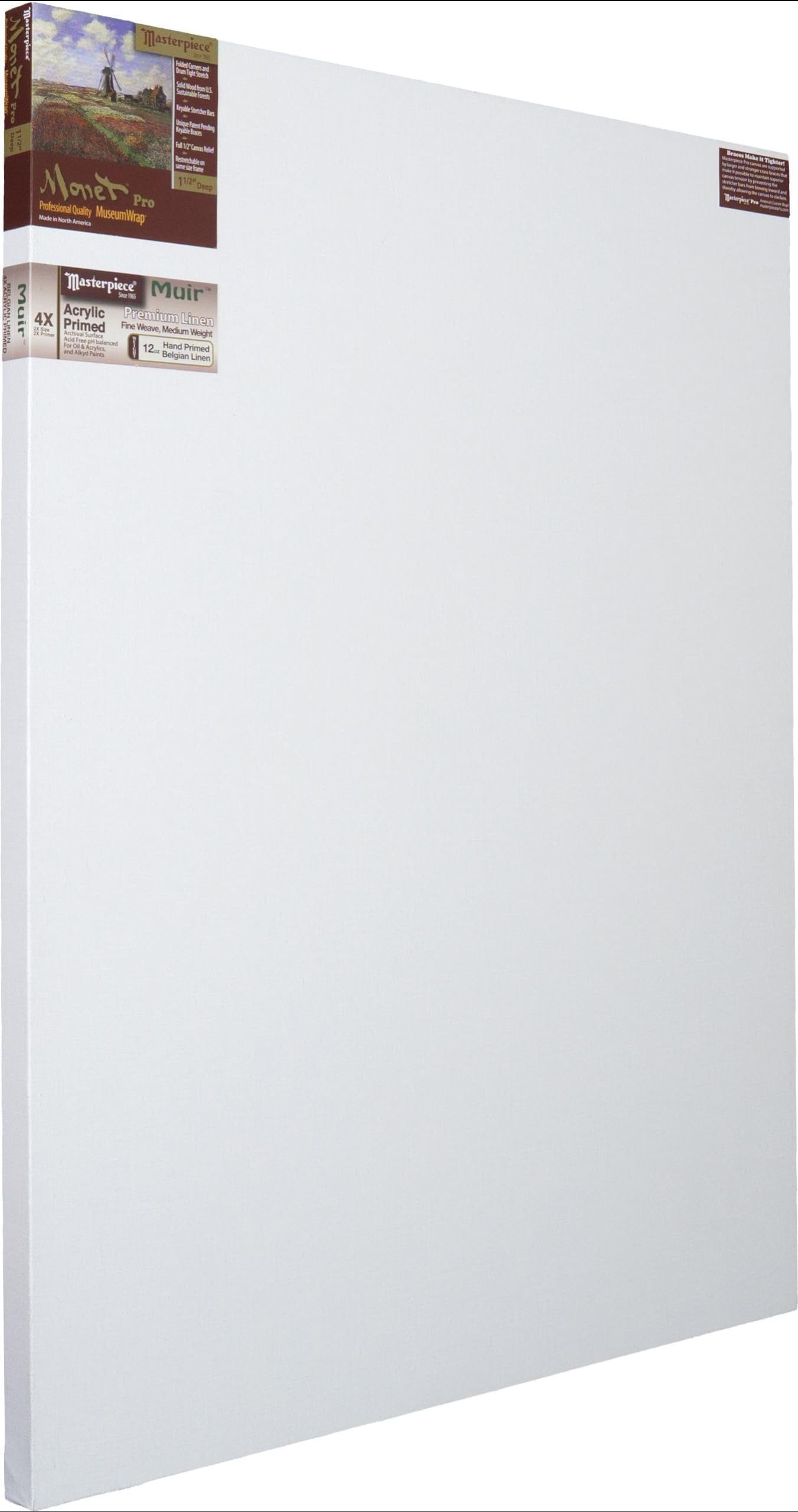MASTERPIECE Z1MA-4254 Monet Pro 1.5″ Deep Muir Belgian Linen 12.0 oz Acrylic Primed Stretched Canvas 42″ x 54″ White