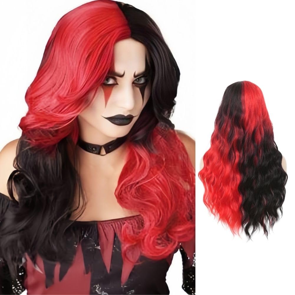 Siudus Red and Black Wigs for Women Long Curly Wavy 27 Inch Hair Wig Synthetic Natural Two Tone Middle Part Wig for Halloween Cosplay Use (Red Black) — image 1