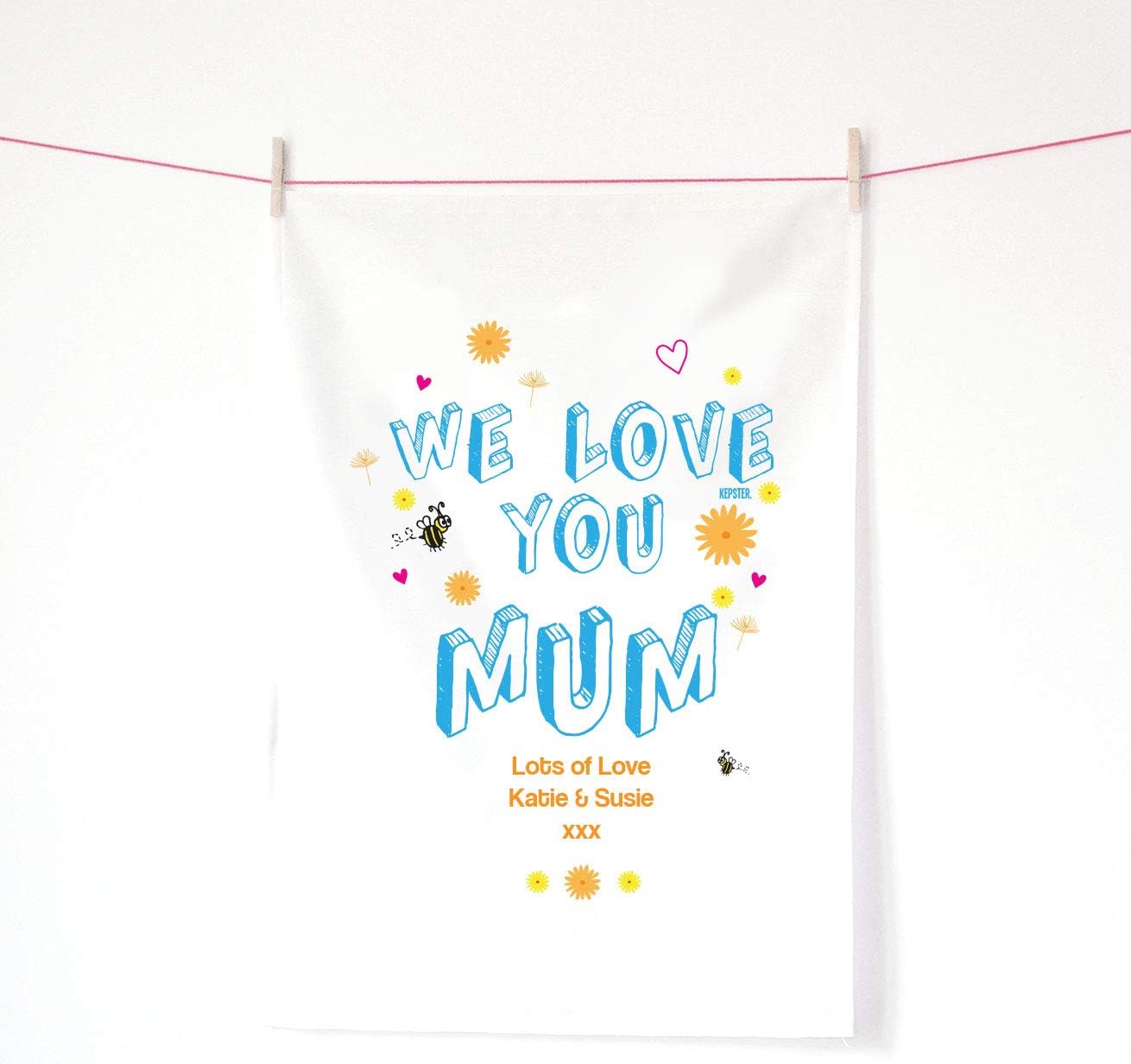 Kepster Personalised Mum Birthday Tea Towel Gift, Personalised We Love Mum Present for Her Towel, Flowers Kitchen Present for Mum I Love Mum