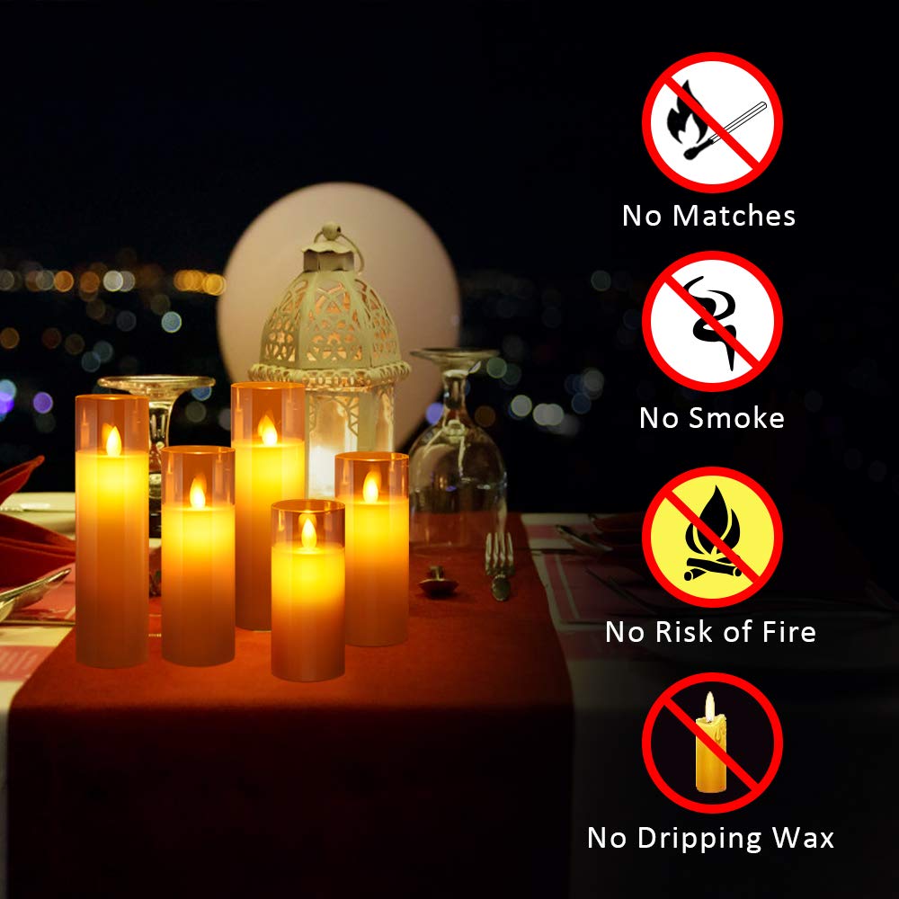 ACROSS Flickering Flameless Candles Battery Operated Pillar Real Wax Moving Wick LED Glass Candle Sets with Remote Control Timer for Halloween Holiday Christmas Wedding Party, 5\