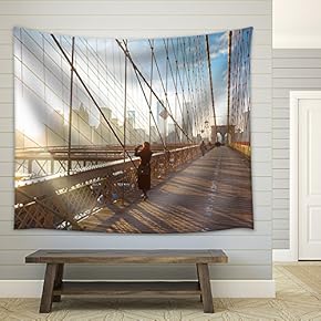 Woman Taking a Photo from Brooklyn Bridge. New York City Manhattan Downtown Skyline - Fabric Wall Tapestry Home Decor - 51x60 inches