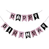 Happy Birthday Banner Pink and Black Birthday Sign for Boy Girls Birthdays Party Decorations (Mni)