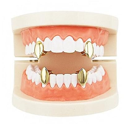 mainlead 4 PC 14k Gold Plated Vampire Dracula Single Metal Fangs Hip Hop Teeth Grills Set