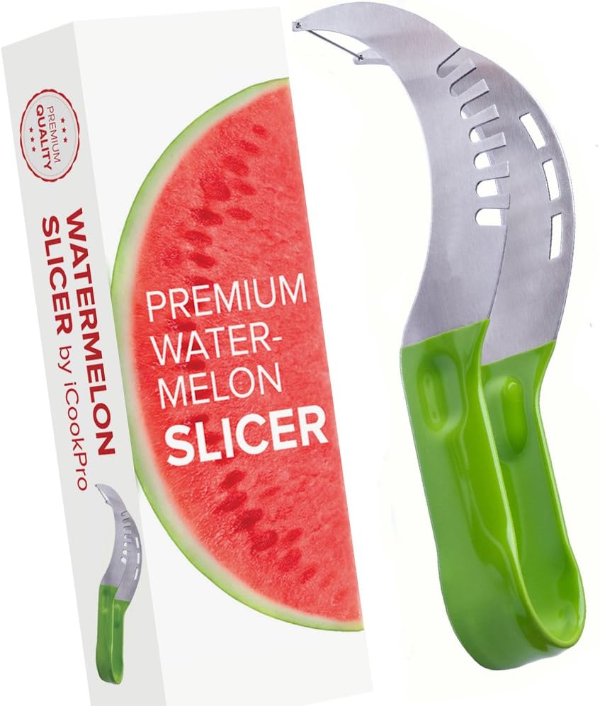 iCookPro Watermelon Slicer & Corer & Server As Seen On TV. Perfect Stainless Steel, Not Sharp, Premium Quality. Cut Your Melon Cantaloupe Fruit Easily With a Kitchen Utility Knife. Shipping from USA