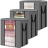 punemi 120L Blanket Storage Bags, Foldable Clothes Storage Organizer with Zipper, Reinforced Handle & Clear windows, Large Storage Bags for Blanket, Comforter, Bedding, Pillow, Clothes, 3Pack, Gray