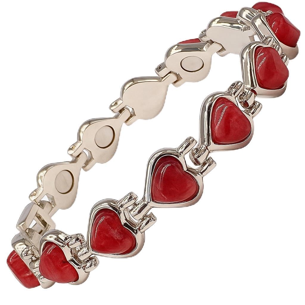 Helena Rose Jewellery Red Agate Heart Bracelet – Silver Tone Romantic Gemstone Magnetic Wristlet for Women – Gift Boxed Elegant Jewellery for Love, Balance & Everyday Style