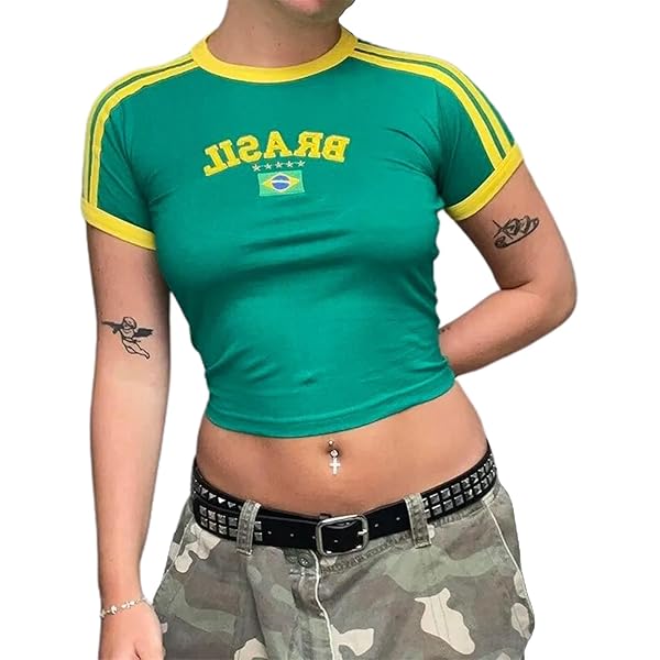 Womens Y2k Brazil Crop Tshirt Short Sleeve Letter Print