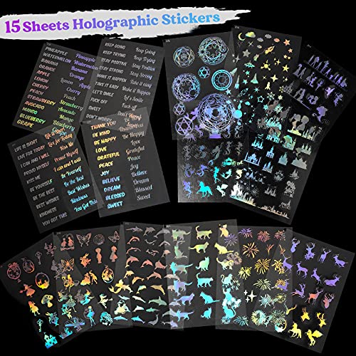 LET\'S RESIN 26 Sheets Resin Stickers, Holographic Stickers for Resin, Golden Shiny Laser Stickers, Nature Stickers, Romantic Themes, Letters Stickers, Transparent Decorate Stickers for Card Making, Scrapbook, Crafts, DIY Jewelry