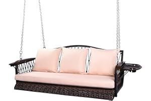 ZZW Wicker Porch Swing Heavy Duty 900 LBS 3-Seat Outdoor Patio Swing Chair with Cushions & 8.9ft Chains Outdoor Hanging Bench with Upgraded Cup Holders for Garden Deck Backyard