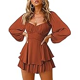 Fixmatti Women off Shoulder Rompers Lantern Long Sleeve Ruffle Tie Mini Shorts Jumpsuit