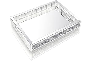 Wocred Mirror Jewelry Organizer fits Dresser Bedroom,Crushed Diamond Bathroom Tray with Handles,Perfume Tray,Decorative Serving Tray for Coffee Table Decor(11”x15”x2”)