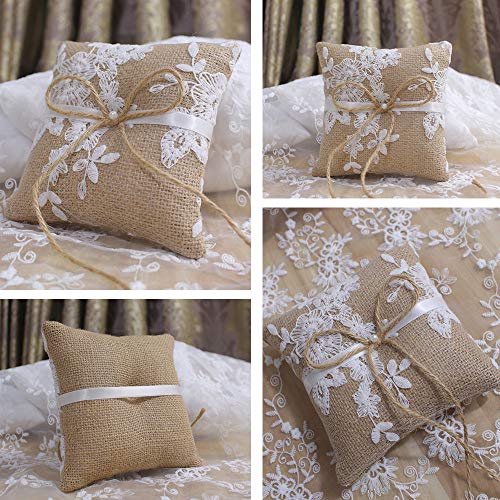 LABJULY Burlap Ring Bearer Pillow Cushion 6 Inch 15cm Rustic Vintage Country Wedding Ceremony Natural Home Decoration