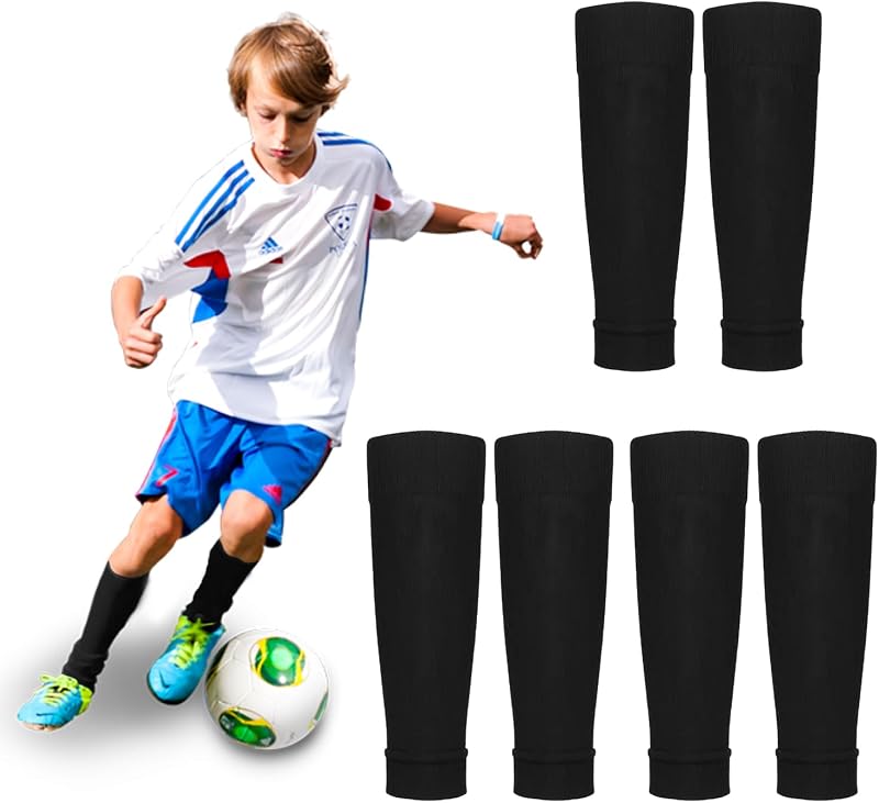 SYEYCW 3 Pairs Kids Shin Guards Sleeves Elastic Football Socks Black 32x9cm