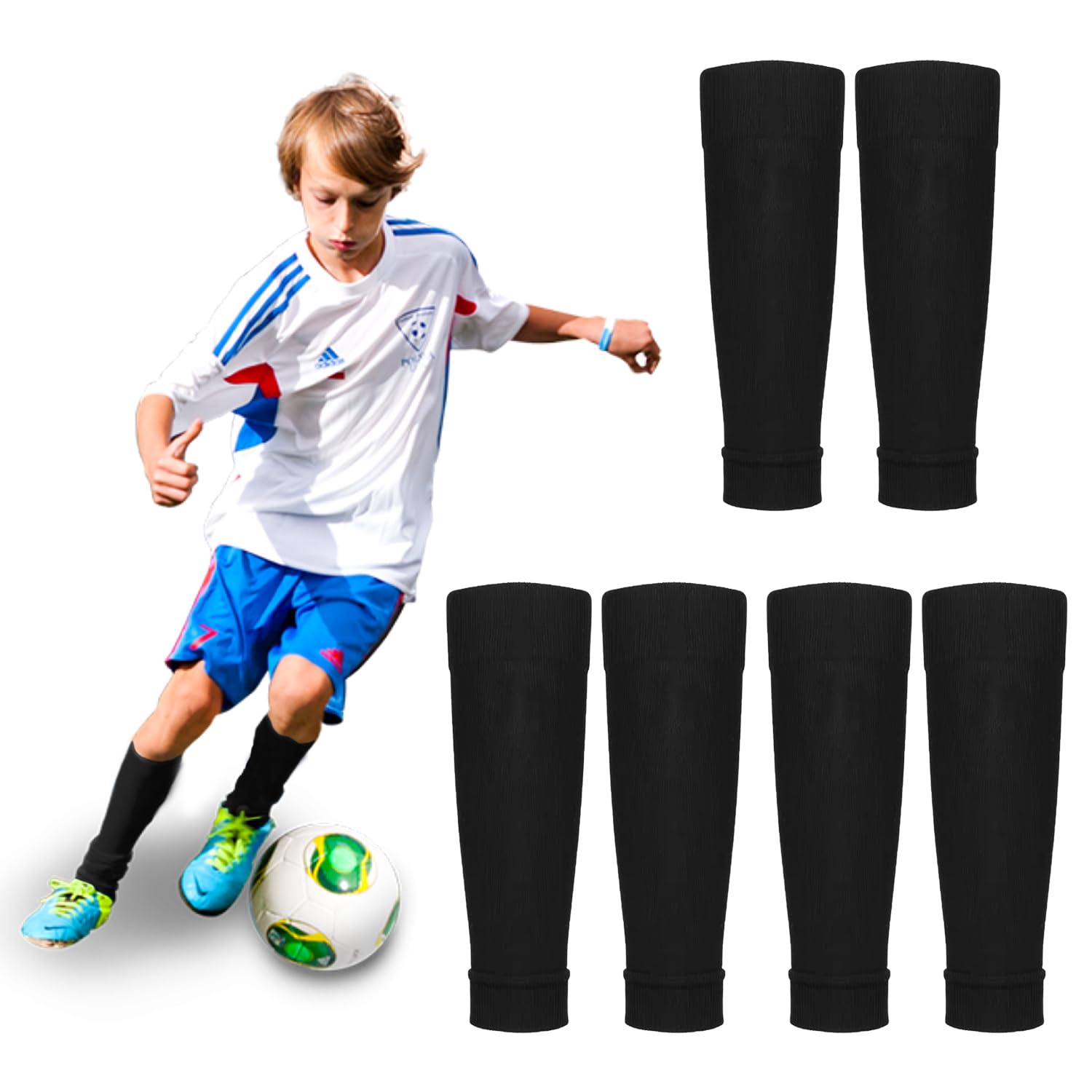 SYEYCW 3 Pairs Kids Soccer Shin Guards Sleeves, Elastic Cut Football Socks, Black Team Leg Sleeves Fits Over Shin Pads, for Games Beginner