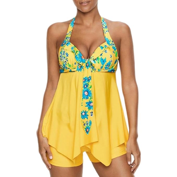 OverDose Damen Halfter Blumendruck Übergröße Bikinis Tankini Swim Kleid Badeanzug Beachwear gepolsterte Bademode Frauen Plus 