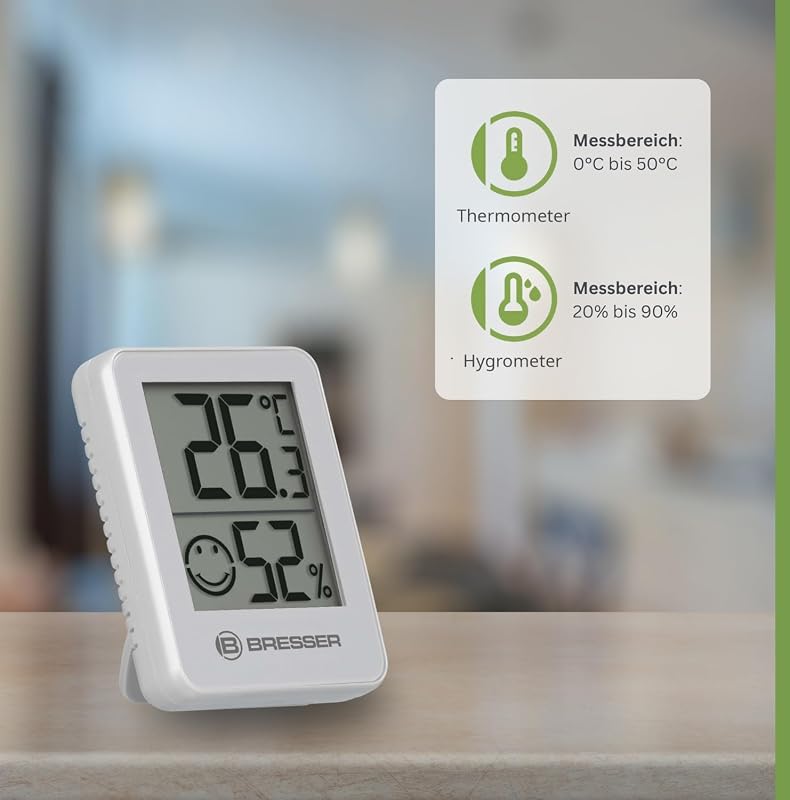 6er Set Thermometer Hygrometer - Digitales Raumthermometer für Kontrolle Innenraum Luftfeuchtigkeit, Kühlschrankgeeignet, Wandmontage und Magnet, Schimmelvorbeugung - Indikator Smiley, Weiß