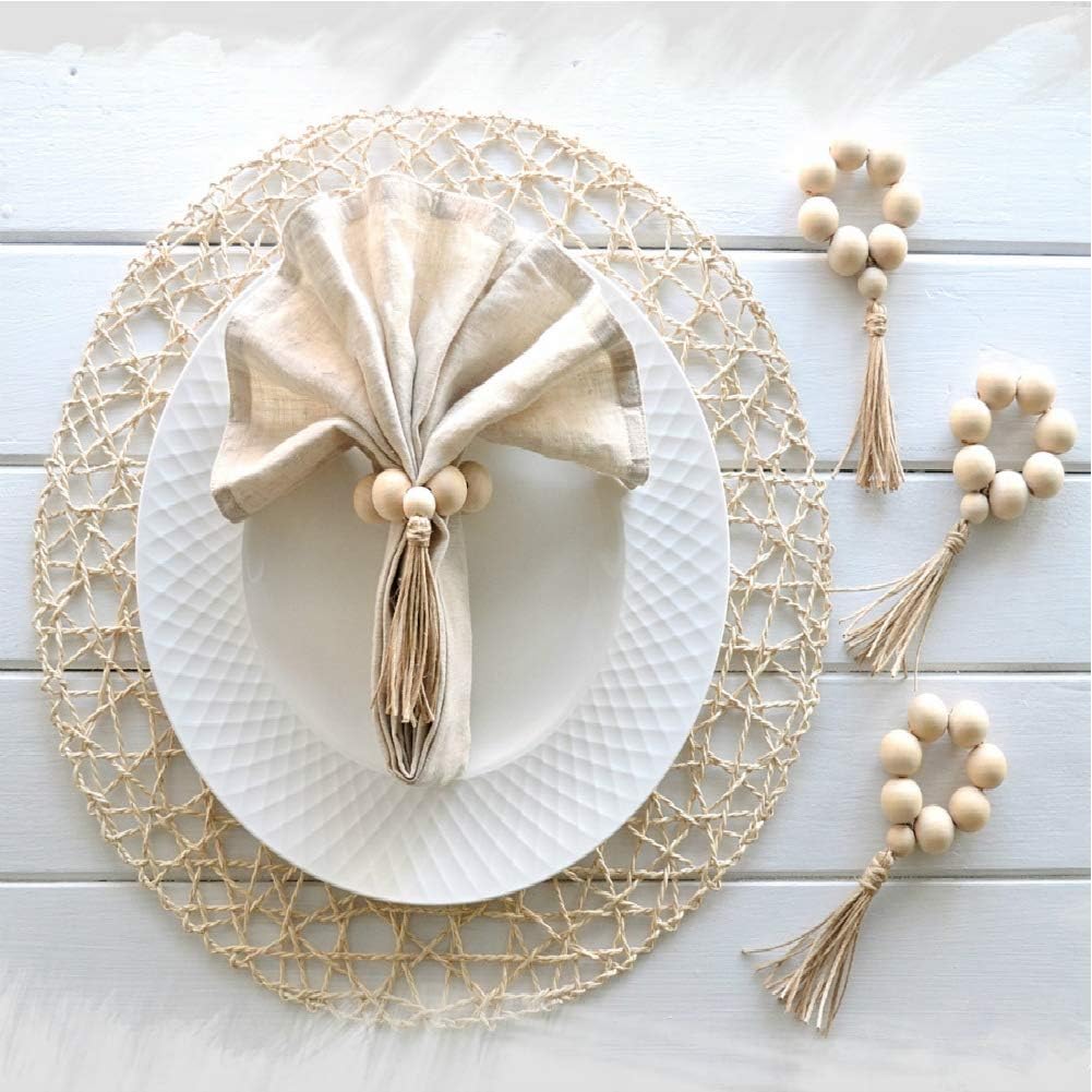 HozYi Set of 8 Farmhouse Beaded Wood Napkin Rings with Tassels Housewarming Gift Table Setting Wedding Party Décor Accessories Napkin Holder (Natural Style): Home & Kitchen