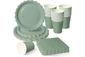 ZblPyro Sage Green Party Tableware Set for 30 Guests | A Set of 120 pcs Includes Scalloped Paper Plates, Paper Cups & Napkins