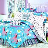 Girls Turquoise Blue & Pink PONY HORSE Comforter Set W/Sheets (Bed in a Bag) (TWIN SIZE)