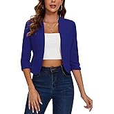 MINTLIMIT Cropped Blazers for Women 3/4 Ruched Sleeve Collarless Tailored Jacket Suits Blue