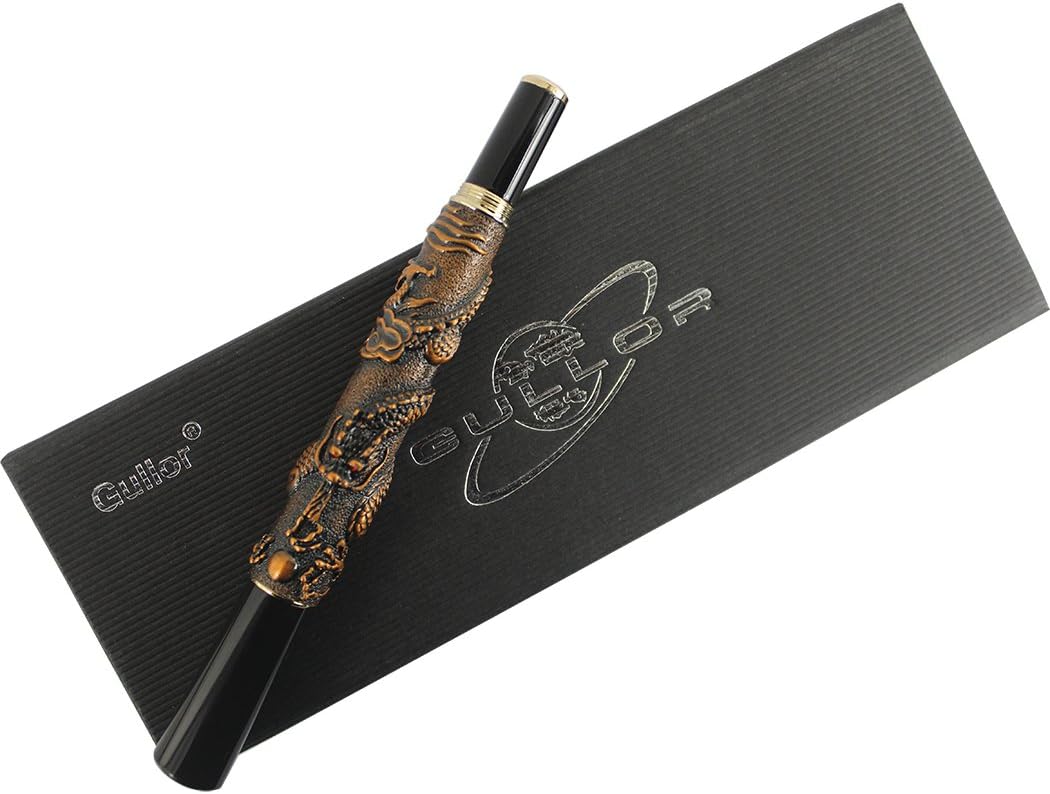 Gullor Chinese Dragon Antique Silver Basso-relievo Fountain Pen Original Gift Box Pen Pouch Ink Cartridges Set - Red Copper - Image 5