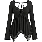 SOLY HUX Women's Long Sleeve Peplum Tops Babydoll Lace Sweetheart Neck Ruffle Asymmetrical Tee Fall Going Out T Shirt
