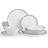 Famiware Saturn Dinnerware Sets, Speckled Plates and Bowls Sets for 4, 12 Pieces Stoneware Dish Set - Chip and Scratch Resistant, Microwave and Dishwasher Safe Tableware Set, White with Rim