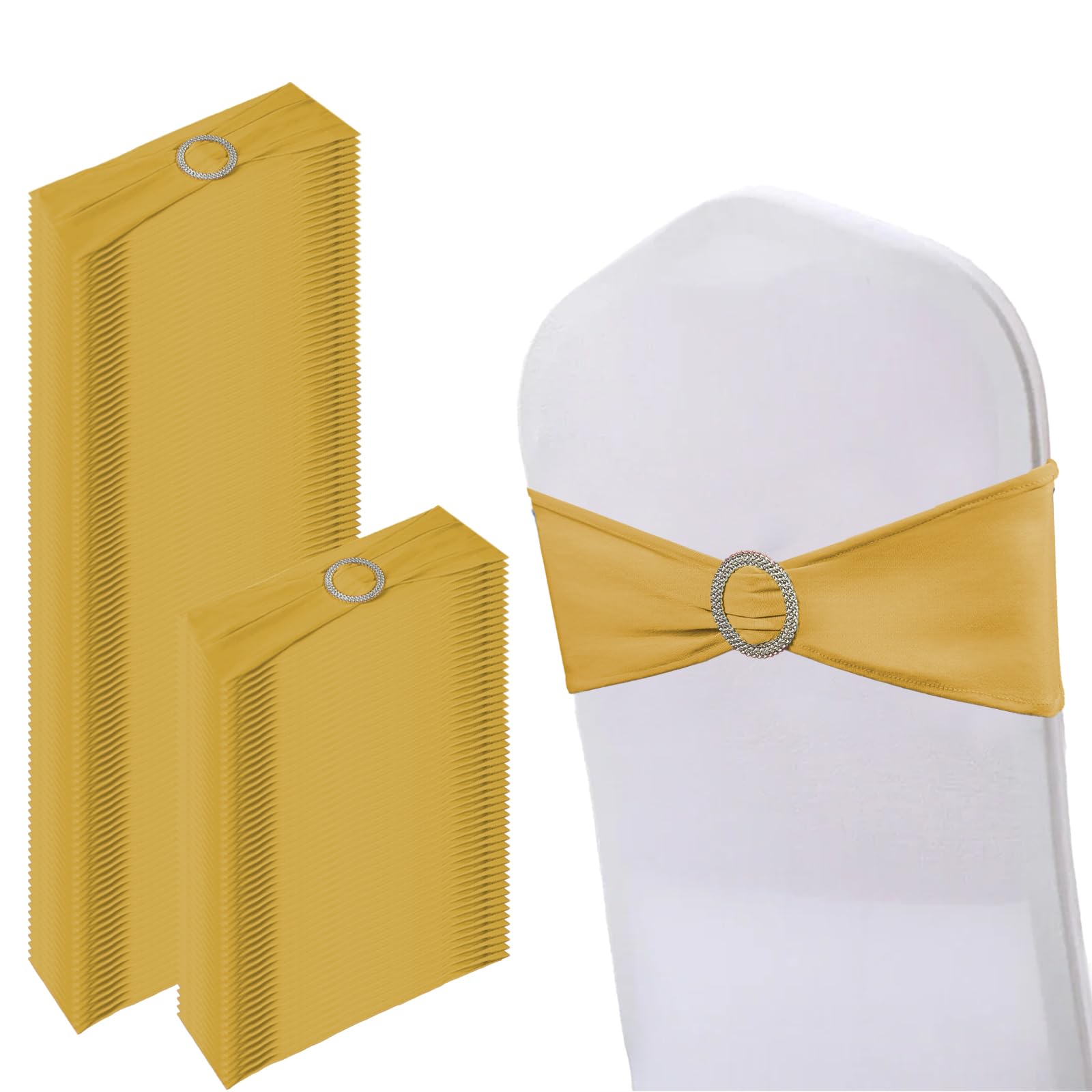 Photo 1 of 150 Pack Spandex Stretch Chair Sashes Bows, Elastic Stretch Chair Cover Bands Ties with Buckle Slider for Wedding Party Ceremony Reception Event Banquet Decoration (Gold)