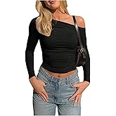 SOLY HUX Women's Long Sleeve Off The Shoulder T Shirts Slim Fit Ruched Crop Top Going Out Outfit
