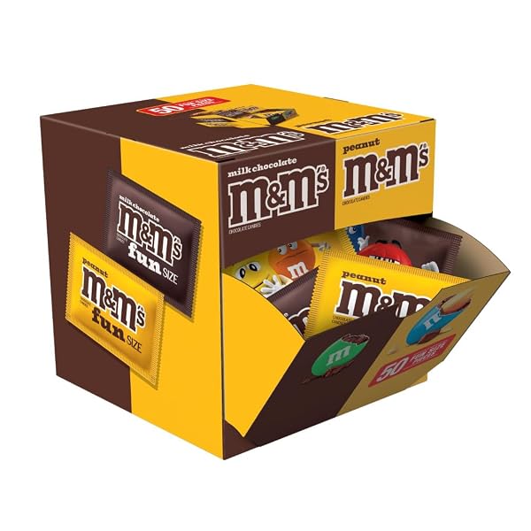 M&M’S MILK CHOCOLATE & M&M’S PEANUT FUN SIZE CANDY INDIVIDUALLY WRAPPED MILK CHOCOLATE VARIETY PACK PANTRY CUBE EASY OPEN AND CLOSE DISPENSER FOR CONVENIENT SNACKING, 50 CT BULK BOX